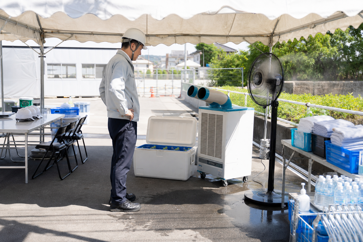 テント・クーラーボックス・スポットクーラーを備えた休憩所イメージ