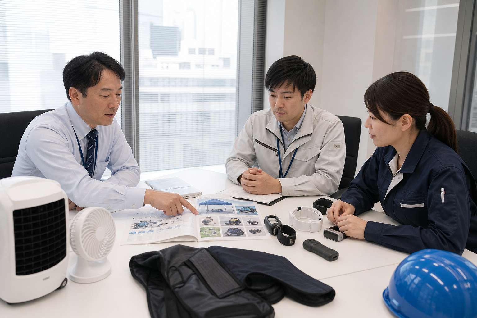 経理担当と安全衛生担当が熱中症対策用品の導入計画を確認するイメージ