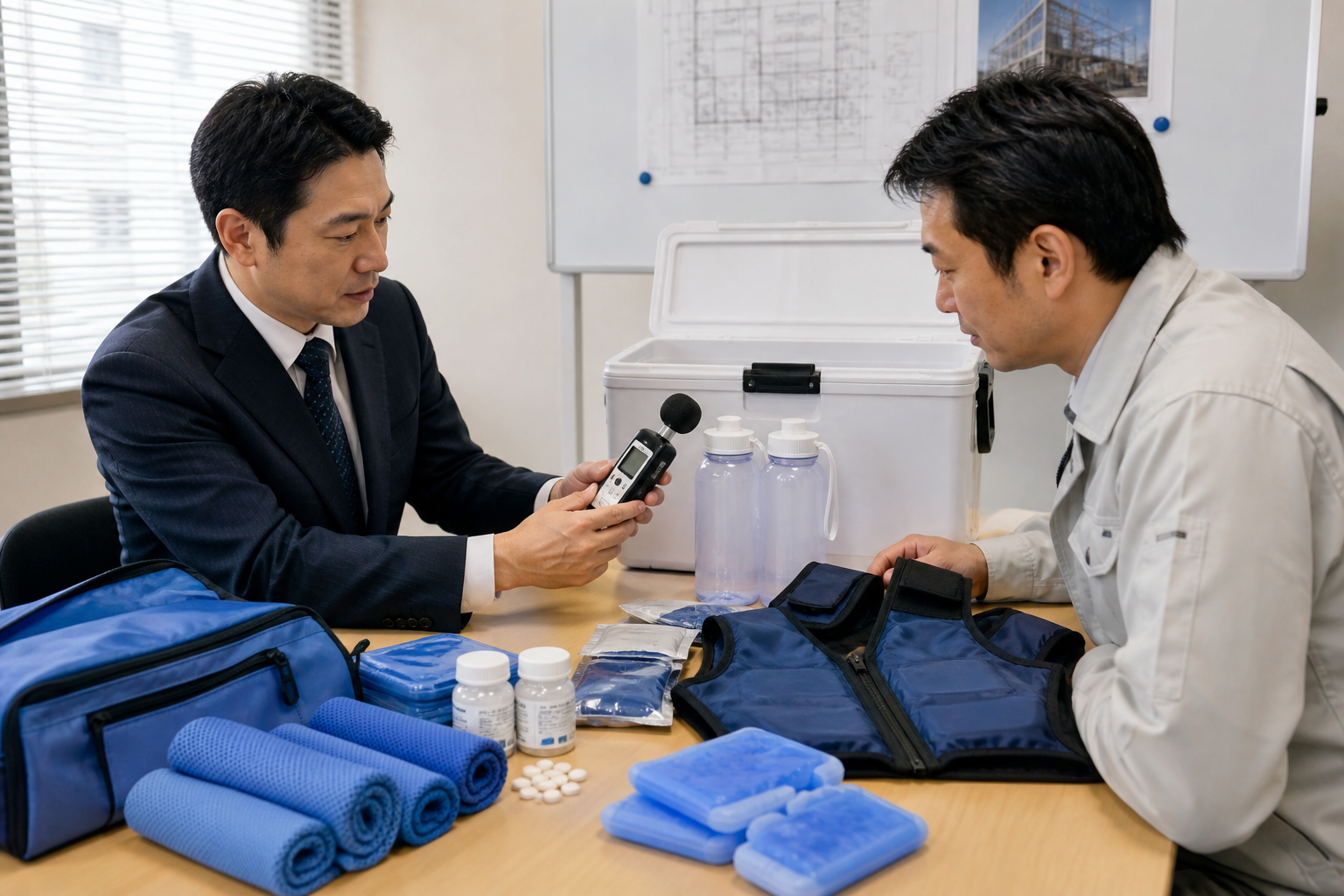 法人担当者がWBGT計・飲料・冷却用品・空調用品をまとめて選ぶイメージ
