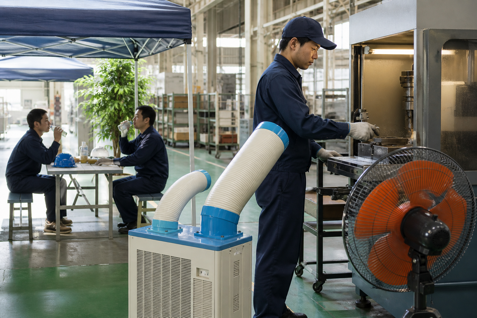 工場でスポットクーラーと送風設備を使う暑さ対策イメージ