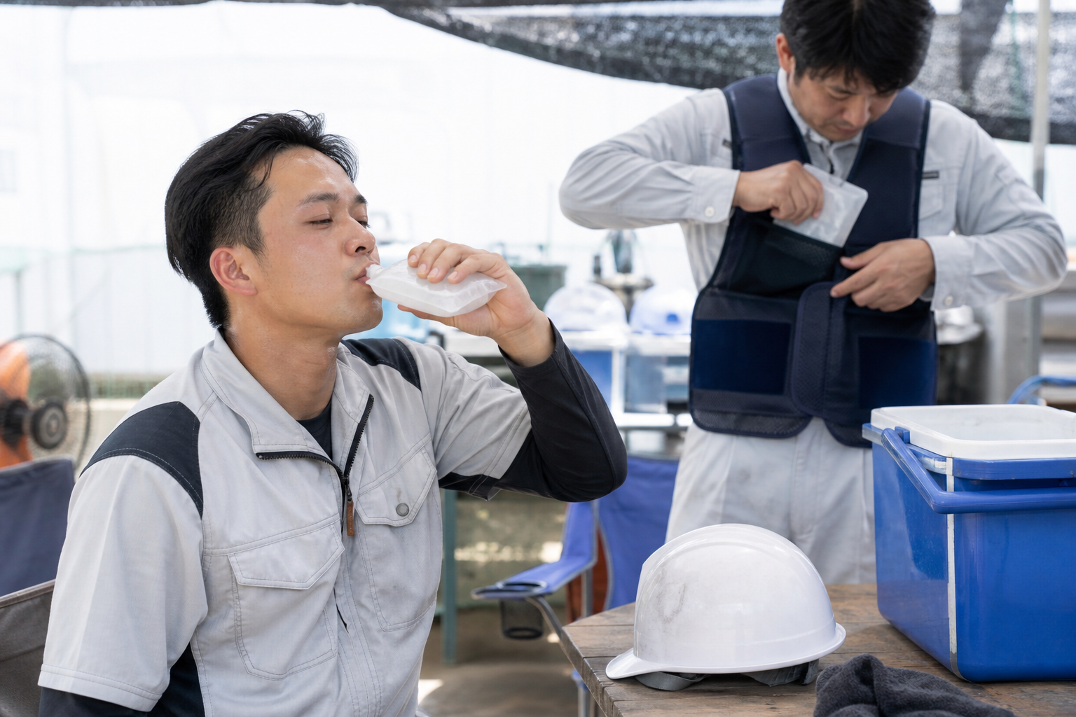 作業前にアイススラリーと冷却ベストで身体を冷やすイメージ