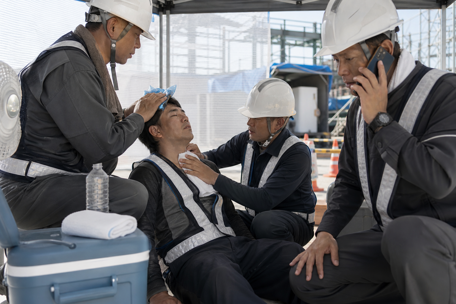 体調不良者を日陰へ移し冷却と連絡を行う訓練イメージ