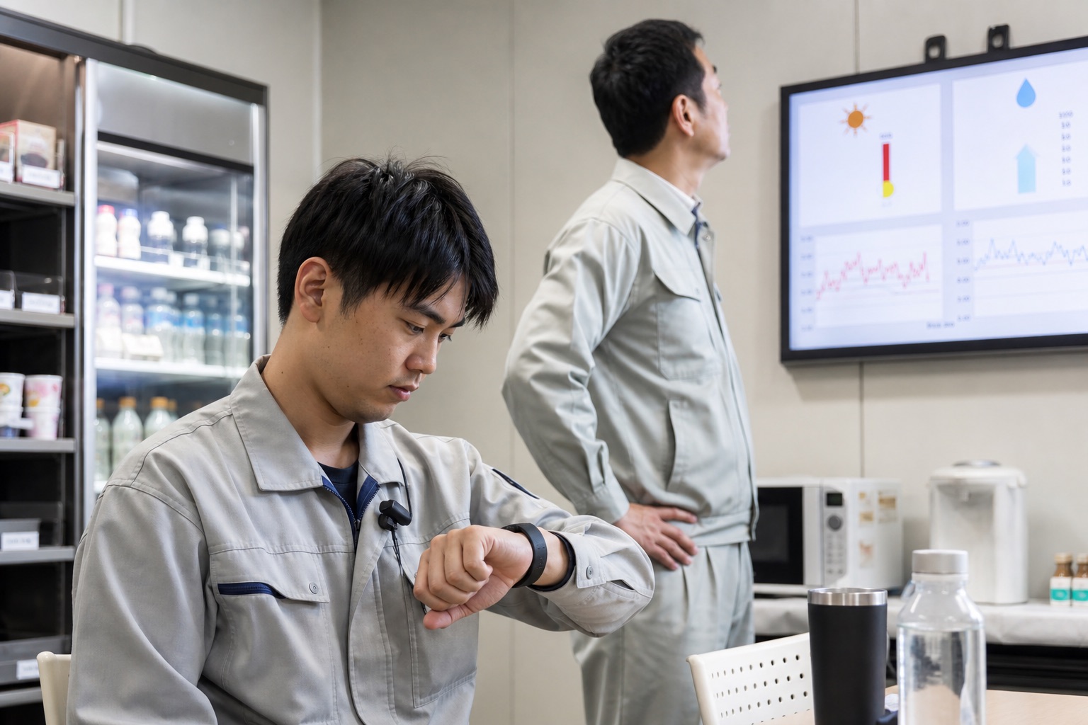 休憩所で暑熱リスクを確認する作業者のイメージ