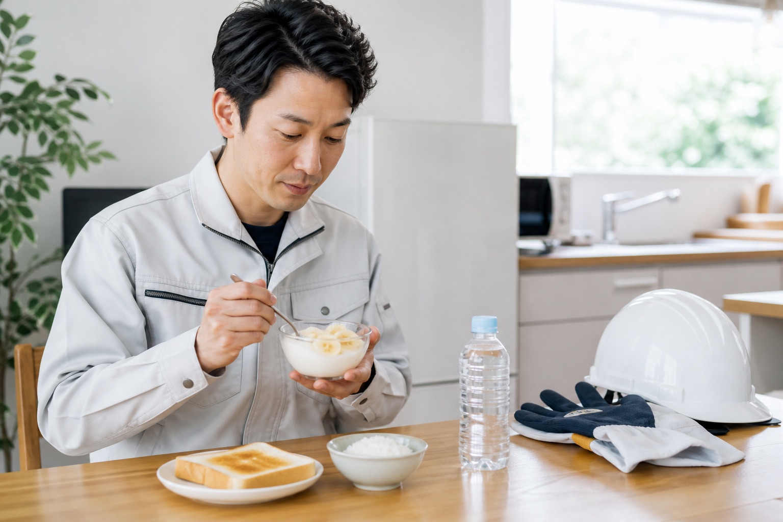 暑い日の作業前にヨーグルトとバナナを朝食として食べるイメージ
