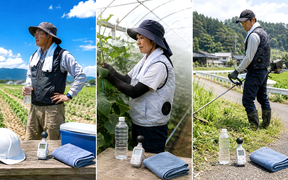 畑作業・ビニールハウス・草刈りの熱中症リスクを比較するイメージ