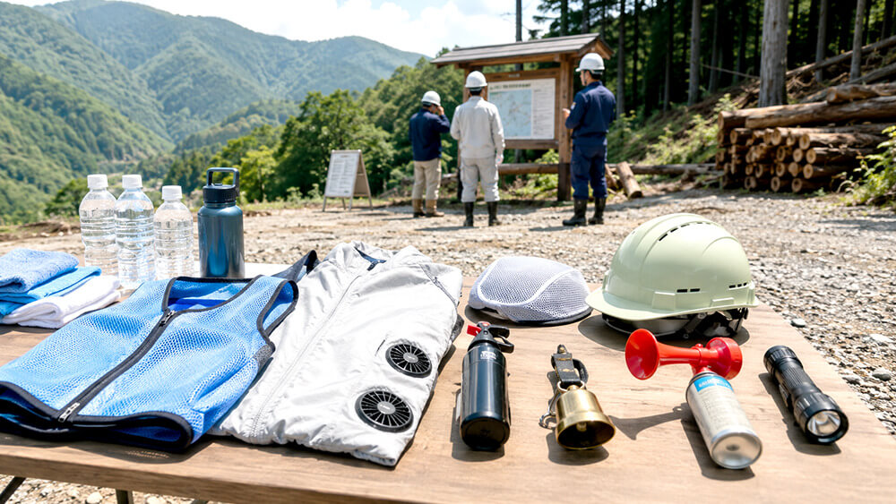 夏の屋外作業に必要なクマ対策用品と熱中症対策用品