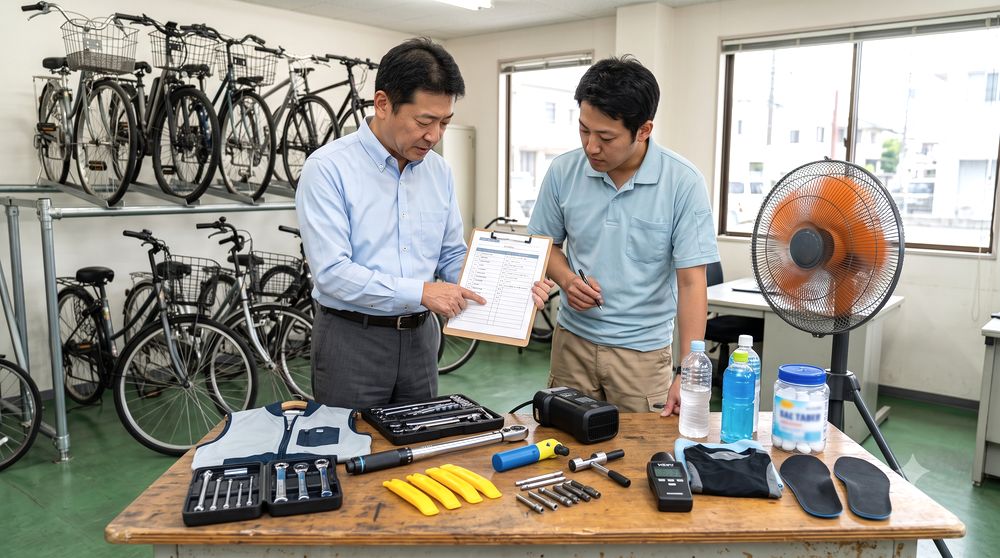 夏場の自転車整備備品リストを確認するイメージ
