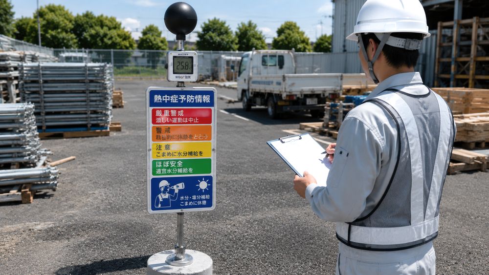 黒球付き熱中症計と予防情報看板を現場に設置するイメージ