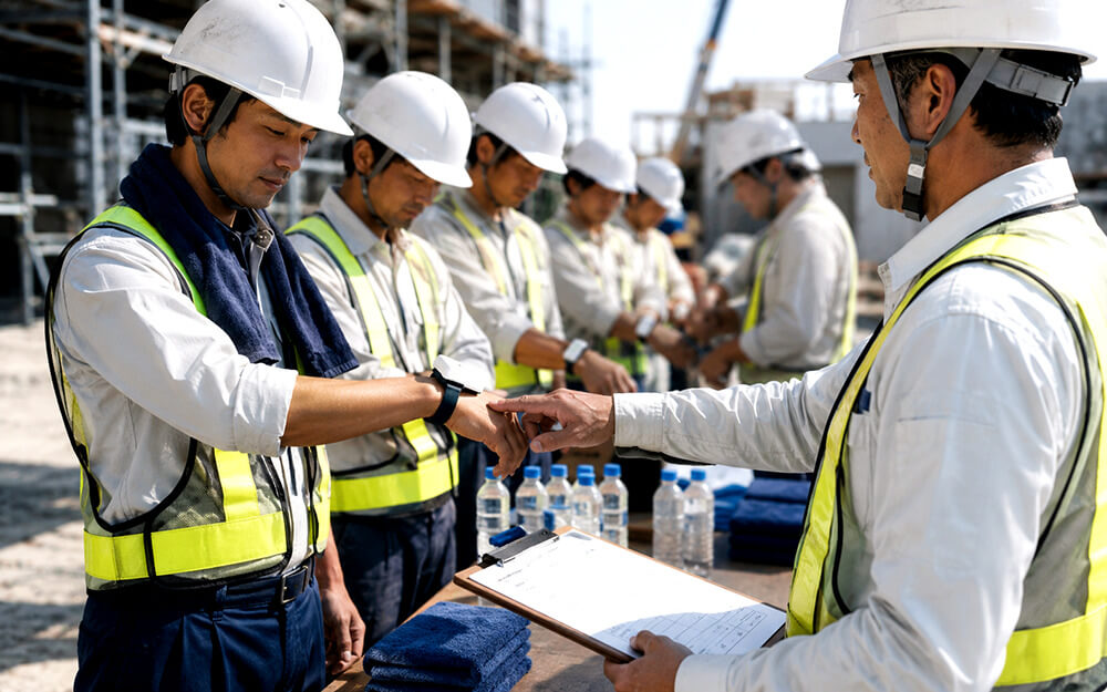 朝礼で熱中症対策ウォッチの装着を確認している現場