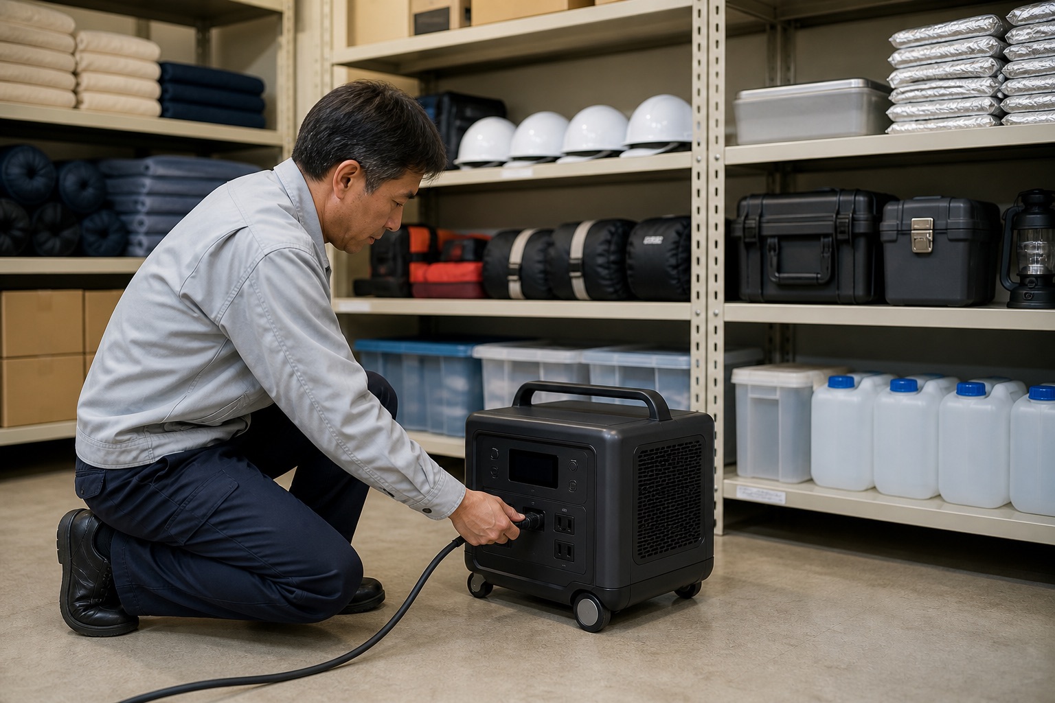 防災備蓄のポータブル蓄電池を定期的に点検・補充電するイメージ