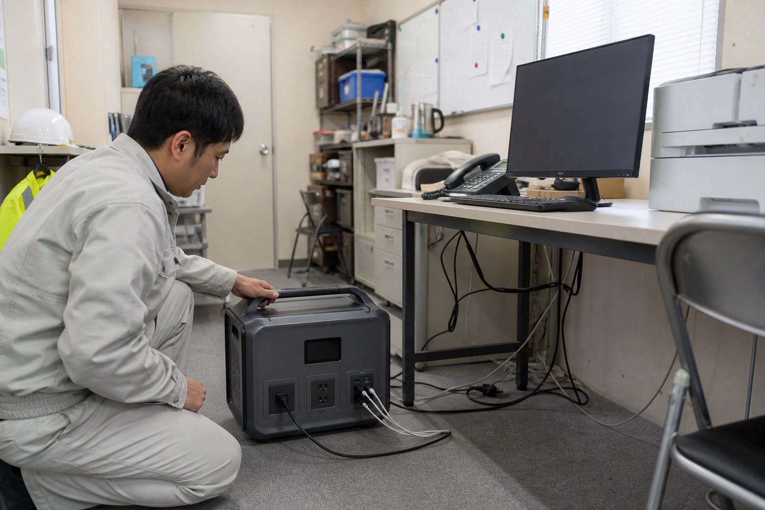 仮設事務所でポータブル蓄電池の充電と使用負荷を確認するイメージ