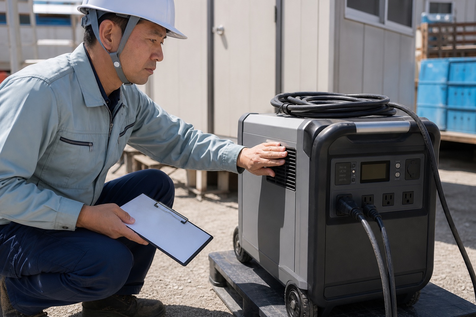 終業時にポータブル蓄電池の残量・ケーブル・フィルターを点検するイメージ
