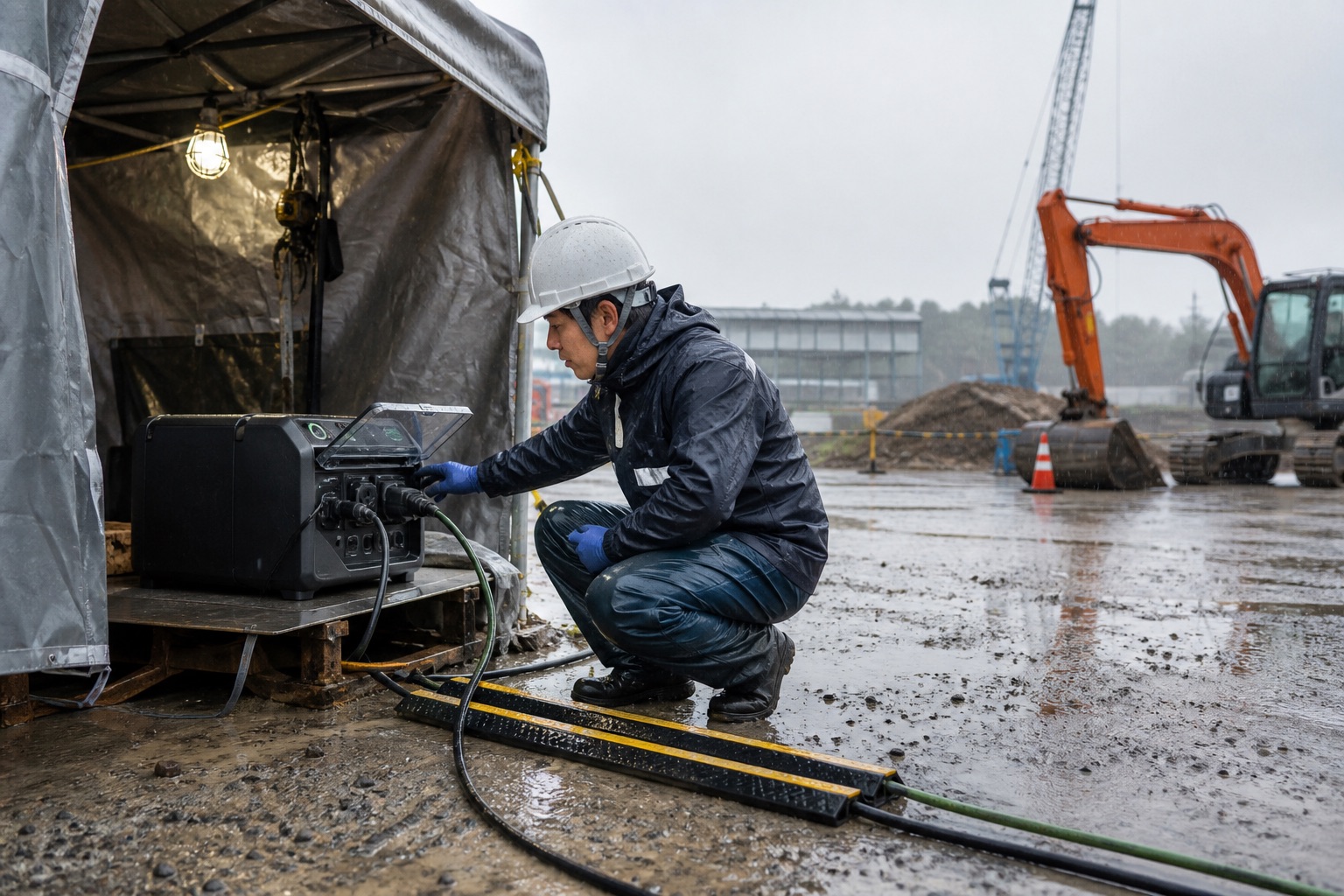 雨天の工事現場で接続部を濡らさず電源を運用するイメージ