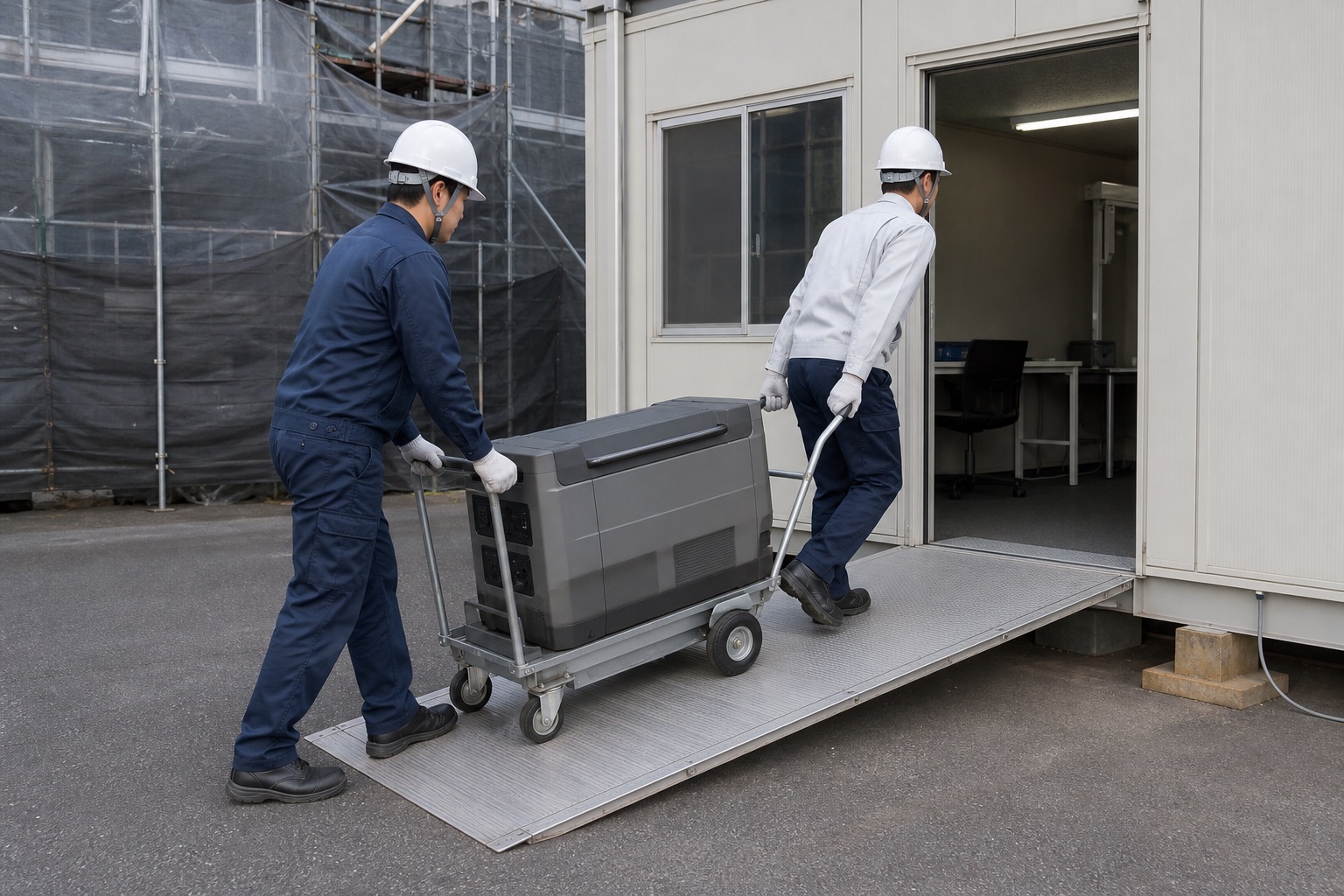 重量のあるポータブル蓄電池を段差の少ない経路で安全に運搬するイメージ