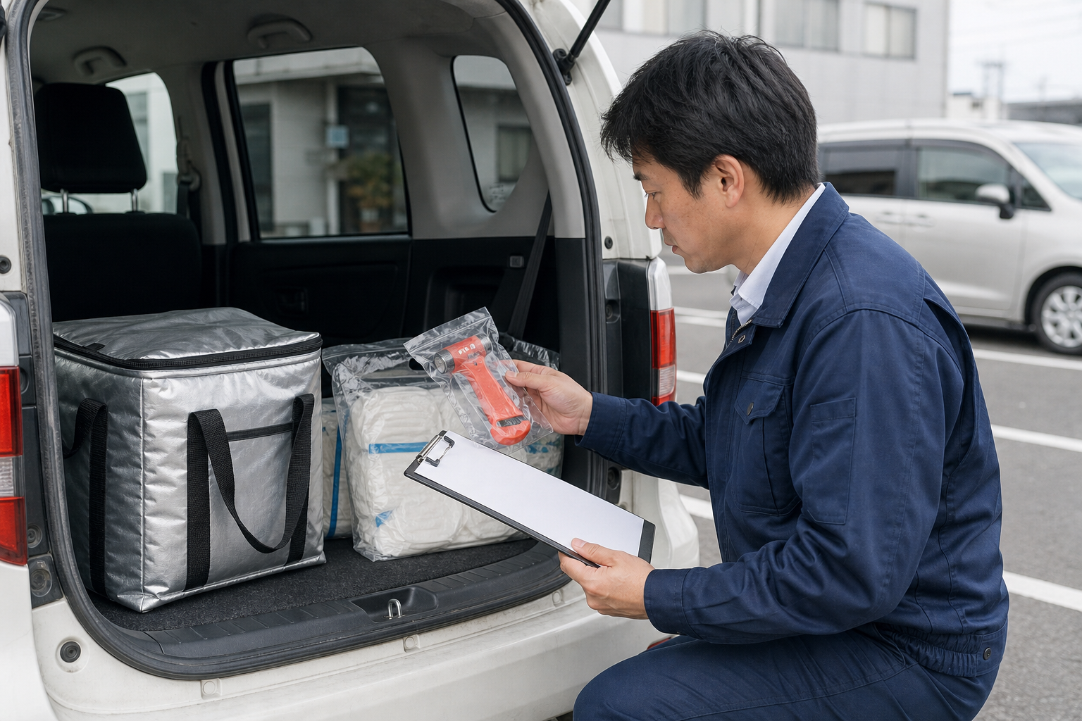 社用車の防災セットを半年ごとに点検するイメージ