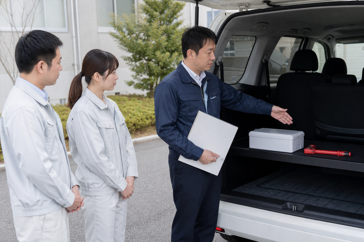 社用車ドライバーへ災害時の連絡・防災用品の場所を教育するイメージ