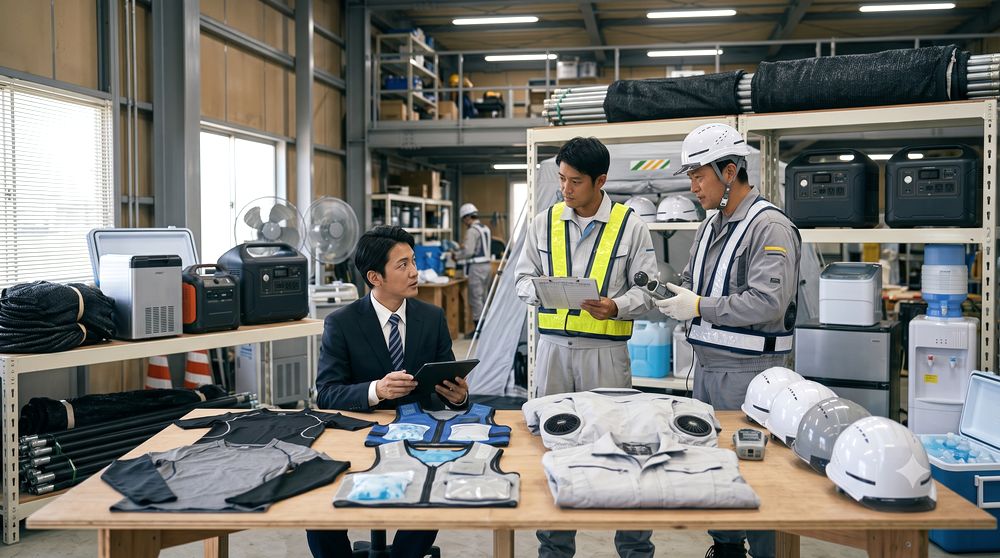 法人担当者が建設現場の暑さ対策用品を確認するイメージ