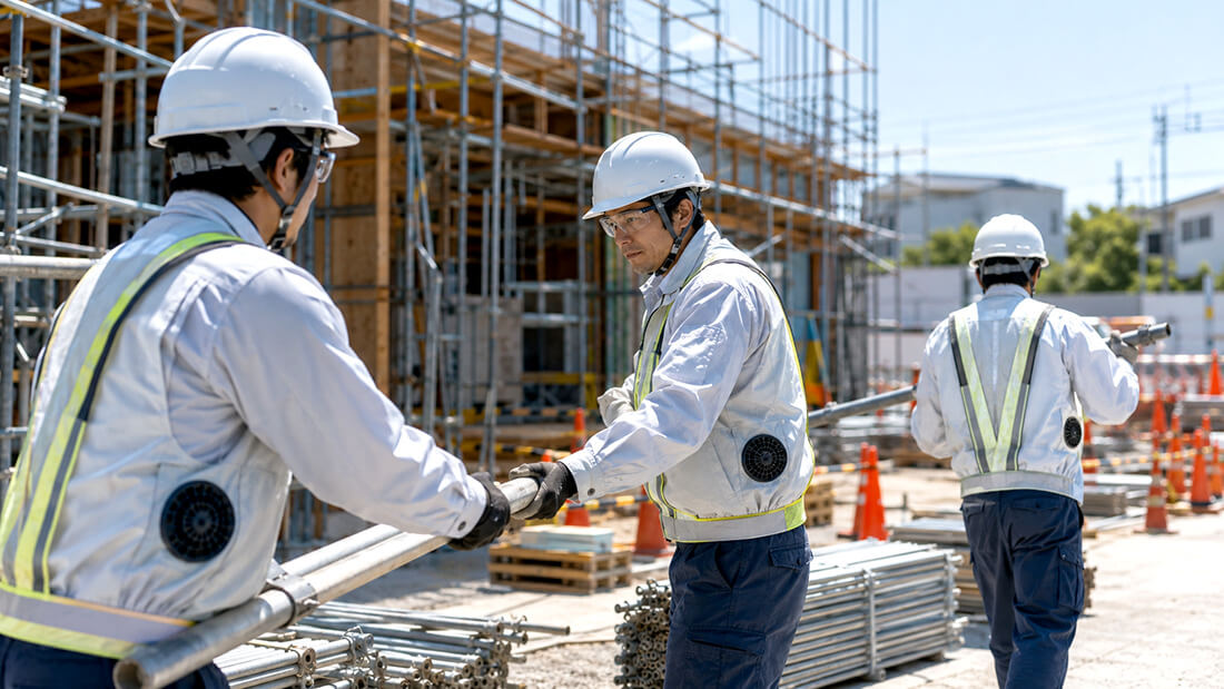 空調ウェアと安全ベストを着用した建設作業員