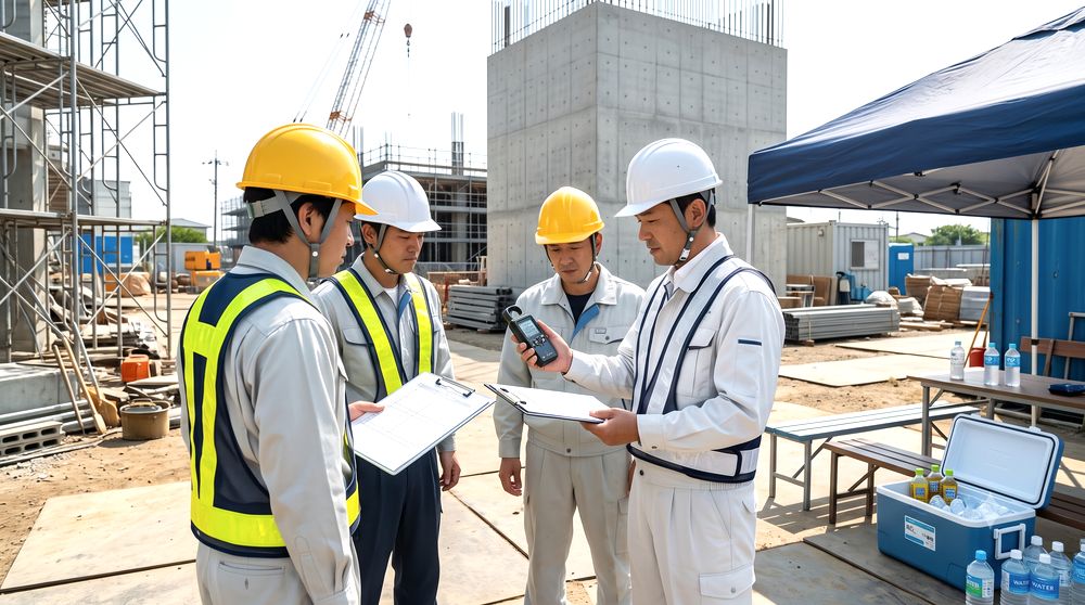 建設現場の朝礼でWBGTと作業計画を確認するイメージ