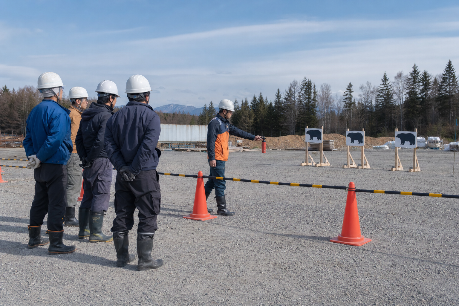 工事関係者が安全な場所で熊撃退スプレーの取り出しと距離感を訓練するイメージ