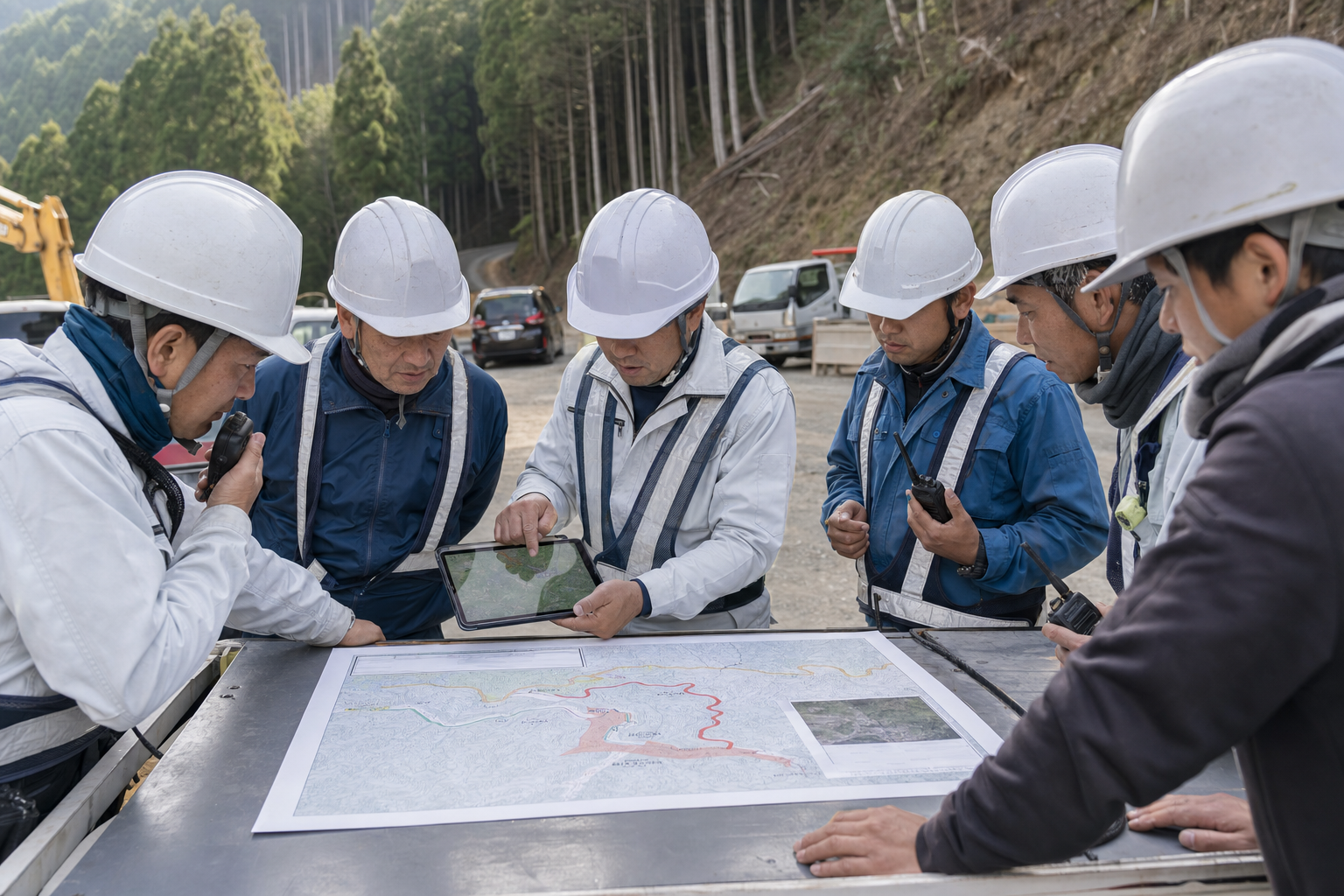 山間部工事の朝礼で熊出没情報と退避方法を確認するイメージ