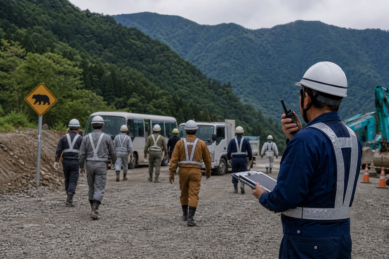 山間部の工事現場で異常情報を受けて作業員が安全に車両へ退避するイメージ