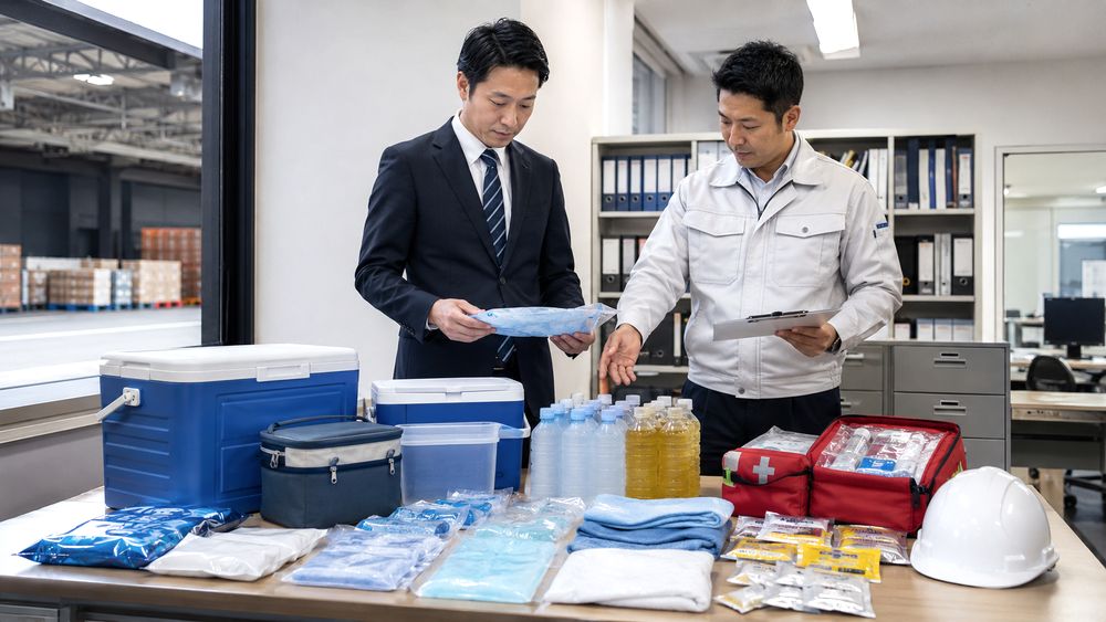 法人担当者がクーラーボックスに入れる熱中症対策用品を確認するイメージ