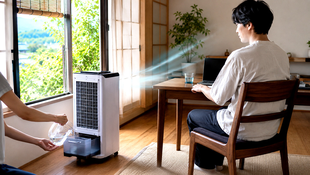 冷風扇を窓側に向け換気しながら使う正しい設置例