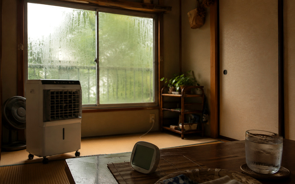 締め切った湿度の高い空間で冷風扇が効きにくい様子