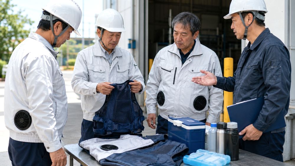 50代作業者が冷却ベストや冷蔵服を確認するイメージ