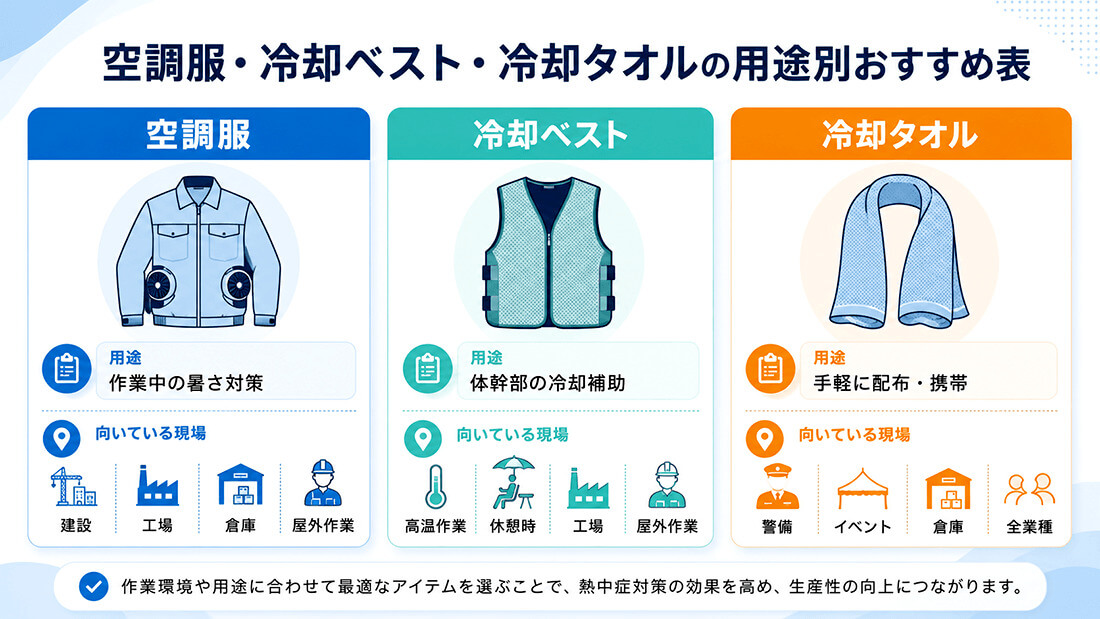 空調服・冷却ベスト・冷却タオルの違い図解