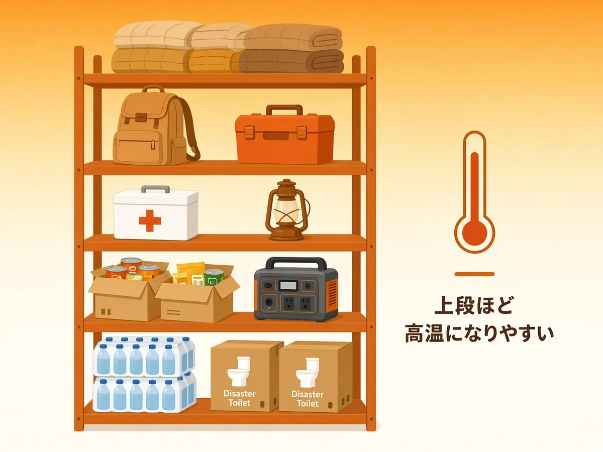 上段ほど高温になることを示した、災害備蓄ラックの棚割り例