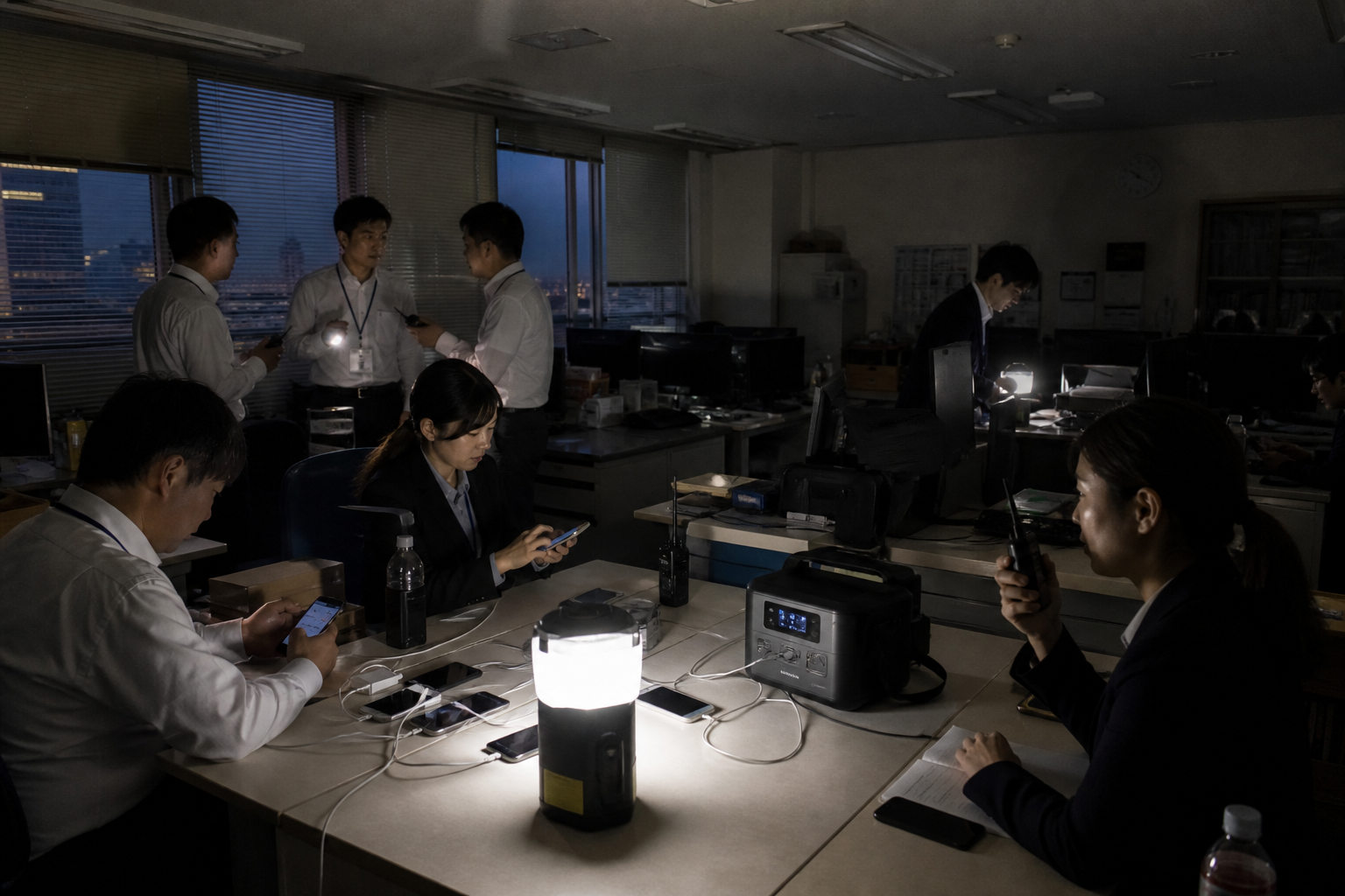 停電時にライトと蓄電池で通信と明かりを確保するイメージ