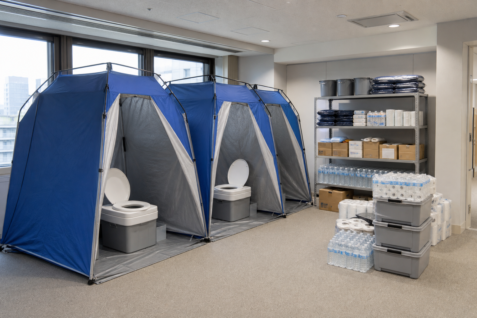 断水に備えて簡易トイレと保存水を準備するイメージ