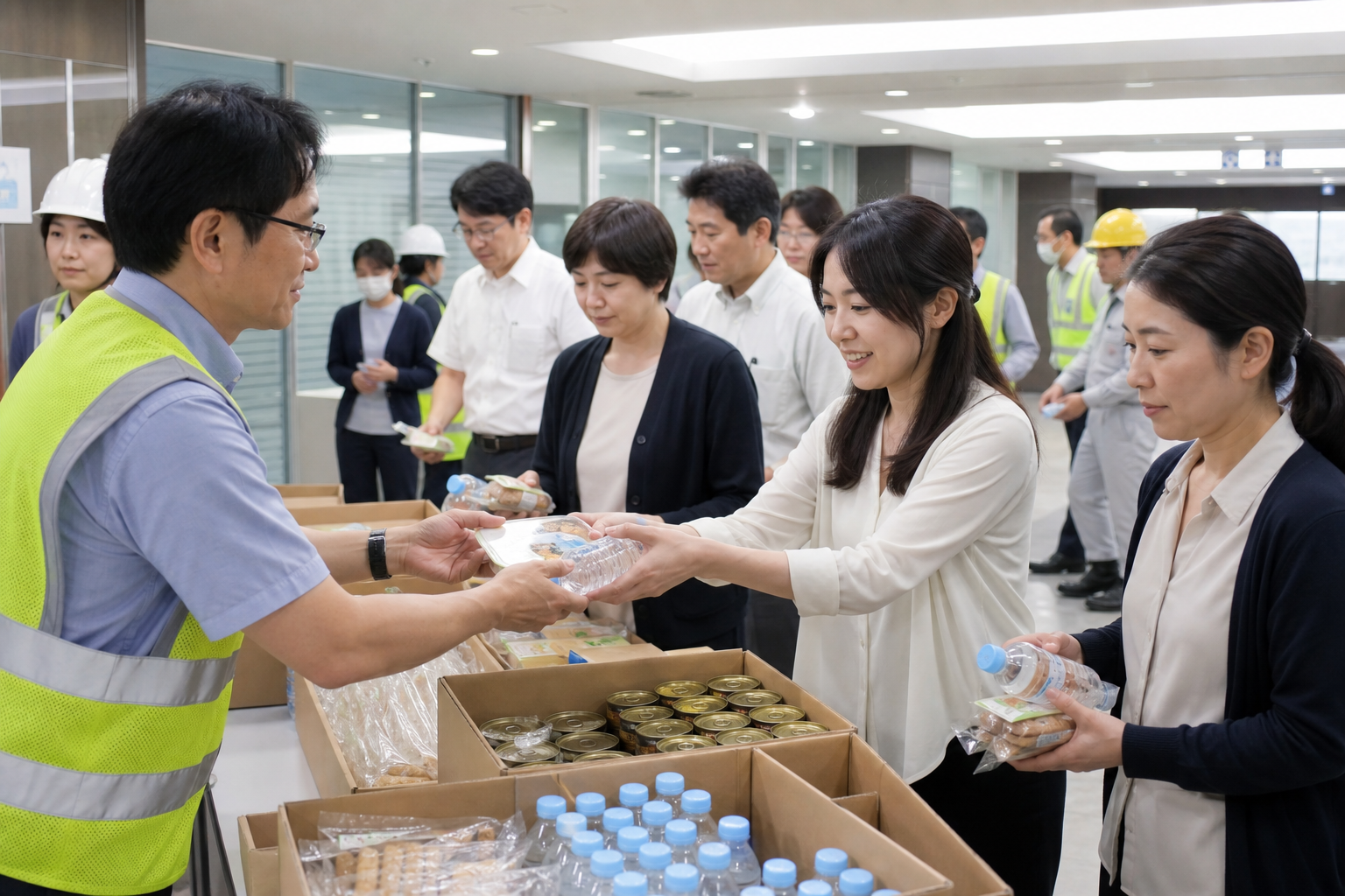 会社で非常食と保存水を配布するイメージ