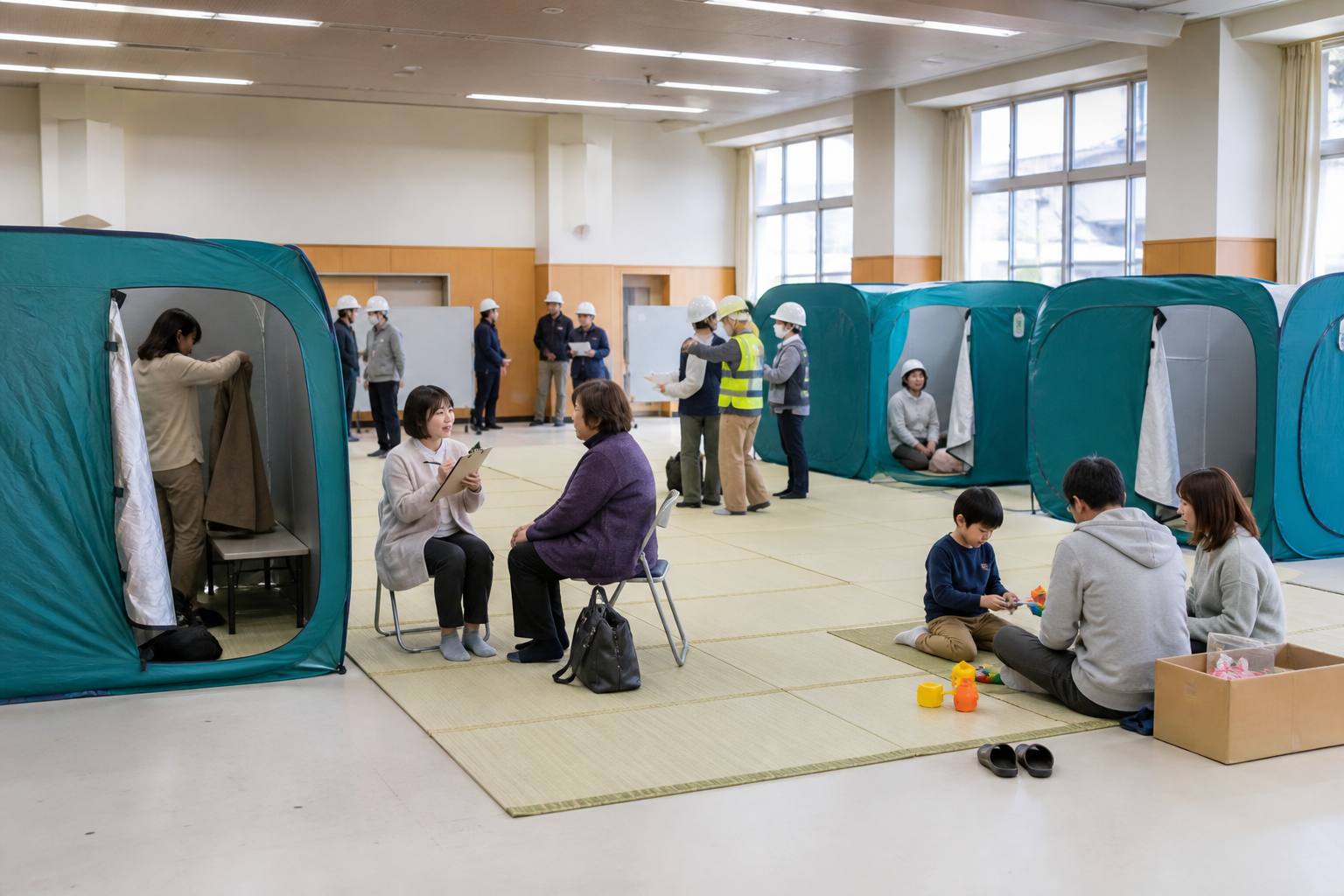 避難滞在時にテントでプライバシー空間を作るイメージ