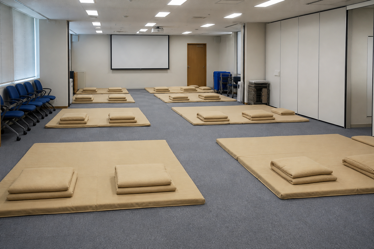 会社に滞在するときにマットと毛布で休む場所を整えるイメージ