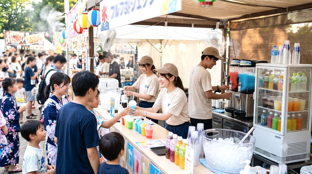 イベント会場で冷たいドリンクを提供するイメージ