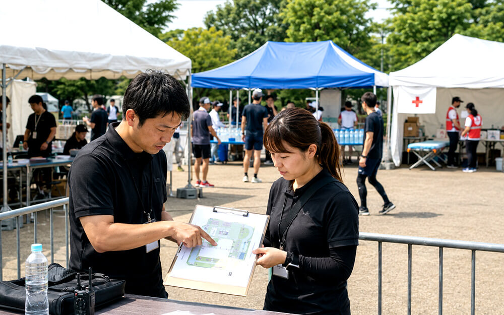 イベント会場で本部・給水所・救護所の配置を確認する運営担当者