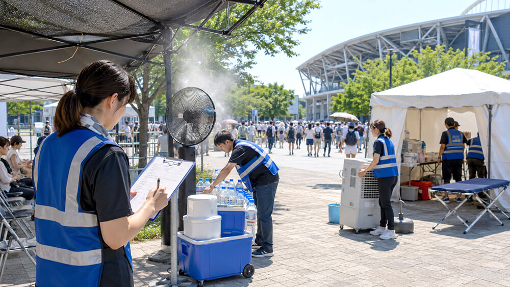 屋外イベント会場で熱中症対策を準備するスタッフ