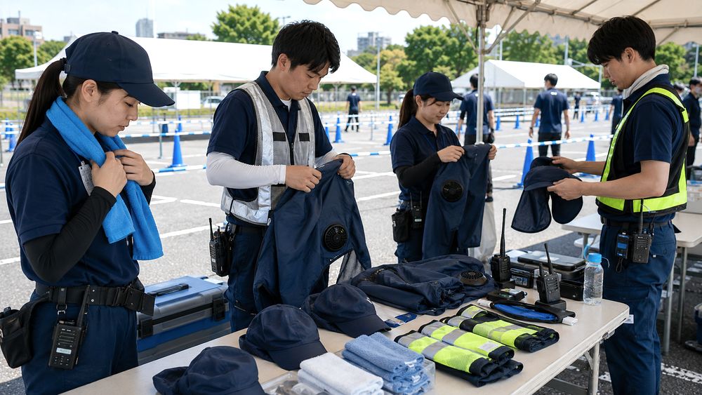 待機列を管理するスタッフが暑さ対策衣服を準備するイメージ