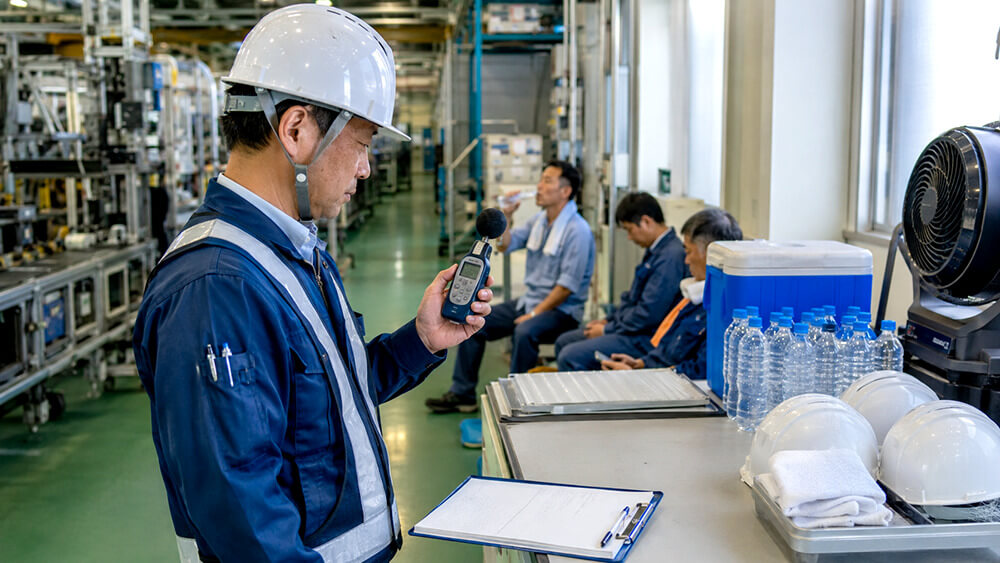 工場の作業エリアで熱中症計の暑さ指数を確認する様子