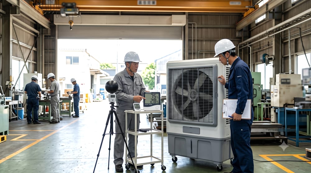 遮光ネットと冷却ベストを組み合わせた工場・屋外の暑さ対策イメージ