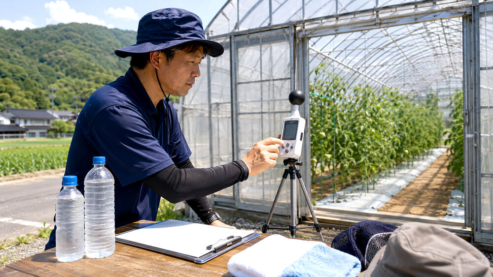 農作業前にWBGT計で暑さを確認する様子