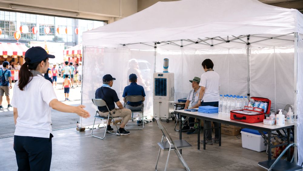 祭り会場の救護所やスタッフ休憩所にクーラーテントを設置するイメージ