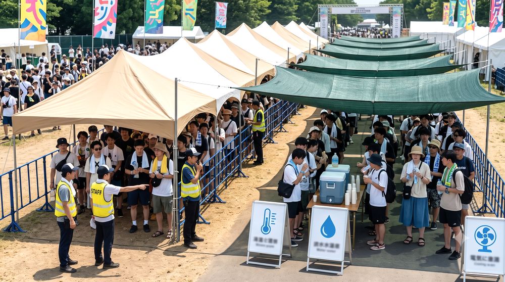 野外フェスの待機列に日陰を作るイメージ