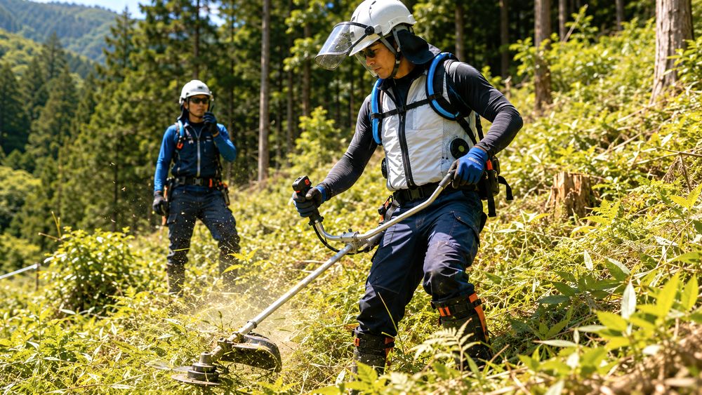 下刈り・刈払機作業で防護具と暑さ対策を両立する林業現場のイメージ