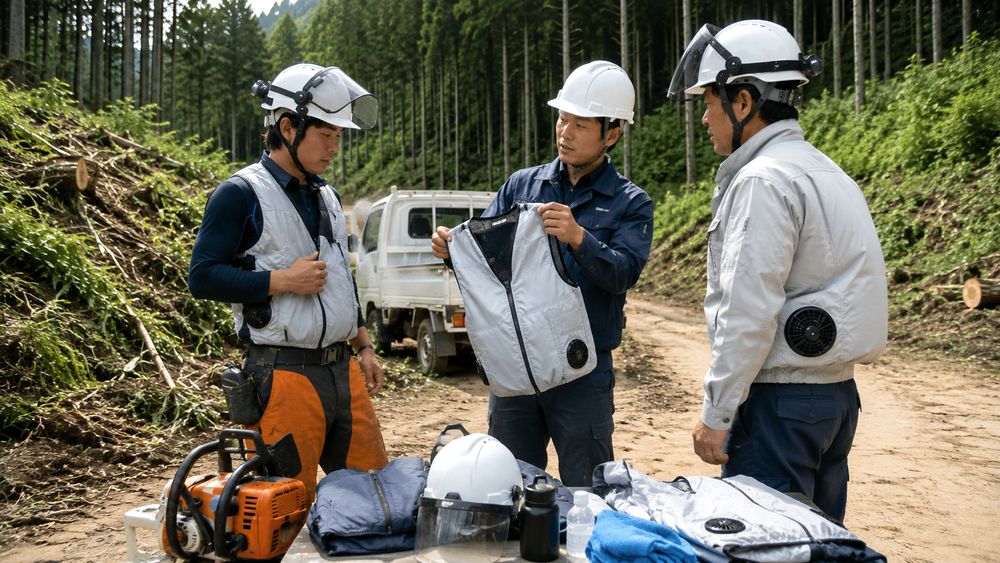 林業現場で冷却ベストと空調服を着用する作業者のイメージ