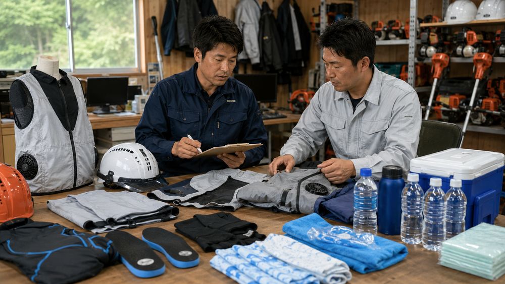 林業現場の熱中症対策用品と導入チェックリストを確認するイメージ
