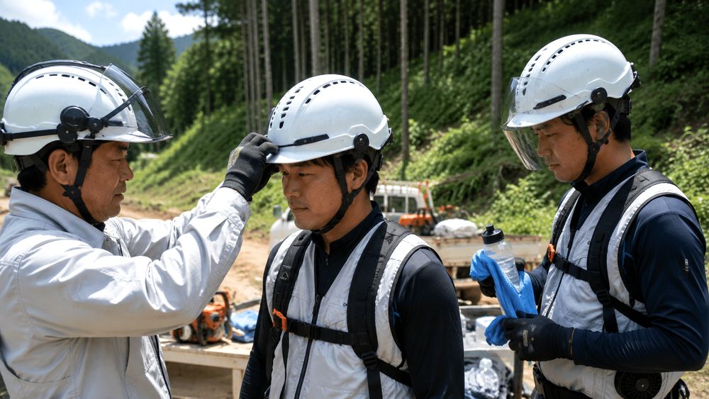 林業作業で通気・遮熱ヘルメットを着用する作業者のイメージ